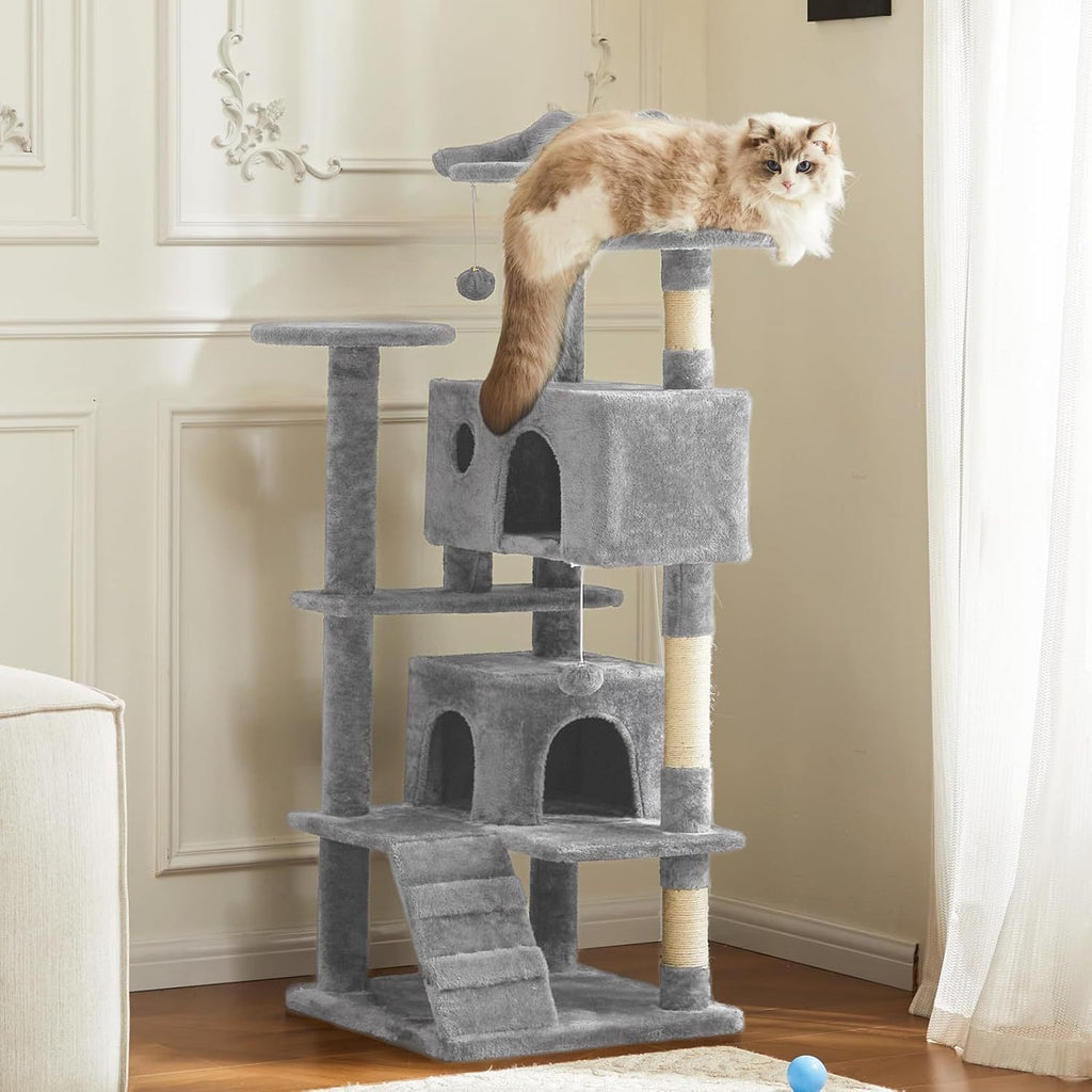 54" Cat Tree Tower – Multi-Level Indoor Apartment with Sisal Grab Posts, Ladder, Plush Toys, Rest & Play Areas | Cat Drinking & Feeding – furn37