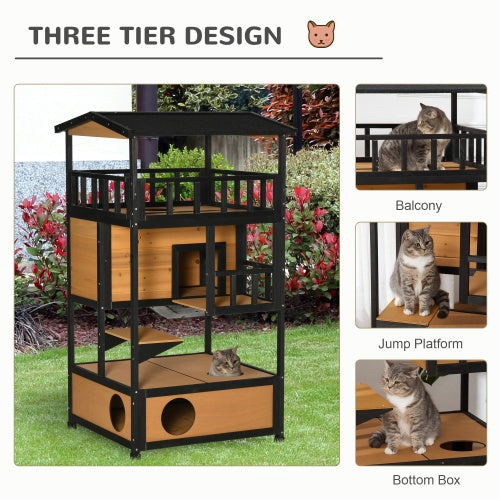 Wooden Outdoor Cat House – Weatherproof Wild Cat Shelter with Elevated Kitten Tree Platform | Cat Drinking & Feeding – furn8