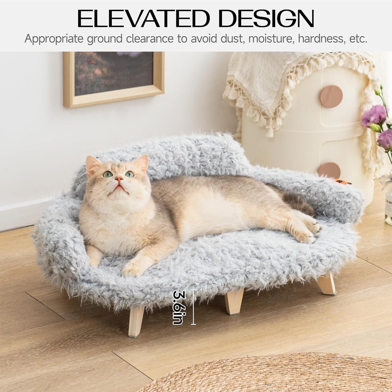 Elevated Cat Bed – 26x18.3x8.5" Wooden Sofa with Washable Cover for Cats & Small Dogs | Cat Drinking & Feeding – bed75