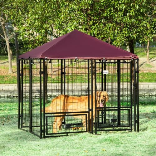 Outdoor Kennel With Rotating Bowl Rack – Walk-In Welded Wire Steel Dog Pen with Waterproof & UV-Resistant Awning | Cat Drinking & Feeding – furn36