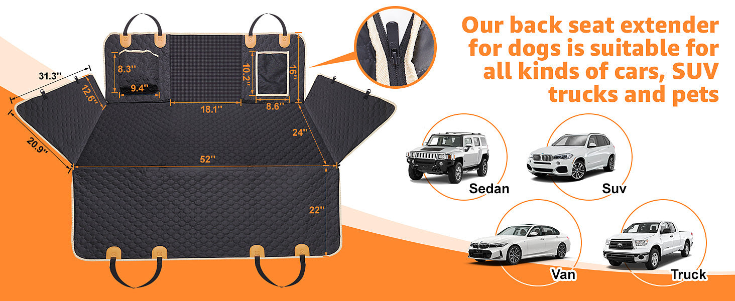 Waterproof Back Seat Extender for Dogs – Hard Bottom Detachable Car Hammock with Nonslip 600D Fabric & Carrying Bag ACS31