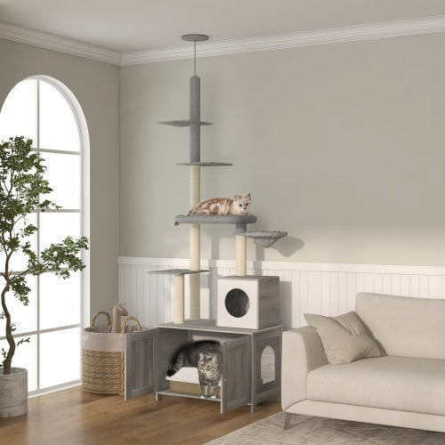 PawHut Cat Tree With Litter Box Enclosure – 2-in-1 Floor-to-Ceiling Cat Tower with Condo, Bed, Hammock, Scratching Posts & Platforms | Cat Drinking & Feeding – furn24