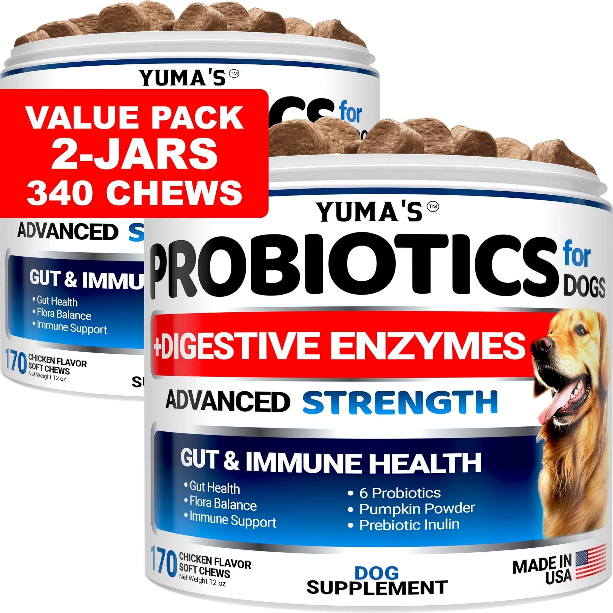 Feeding 2-Pack Probiotics & Digestive Enzymes for Dogs – Prebiotic Fiber Supplement for Diarrhea, Gas, Constipation & Stomach Relief (340 Chews Total)