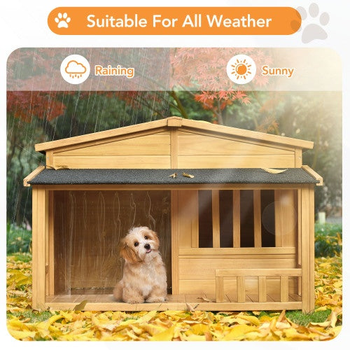 GO 47.2" Wooden Dog House – Solid Wood Indoor & Outdoor Pet Kennel with Porch, Weatherproof Design for Medium Dogs | Cat Drinking & Feeding – furn42