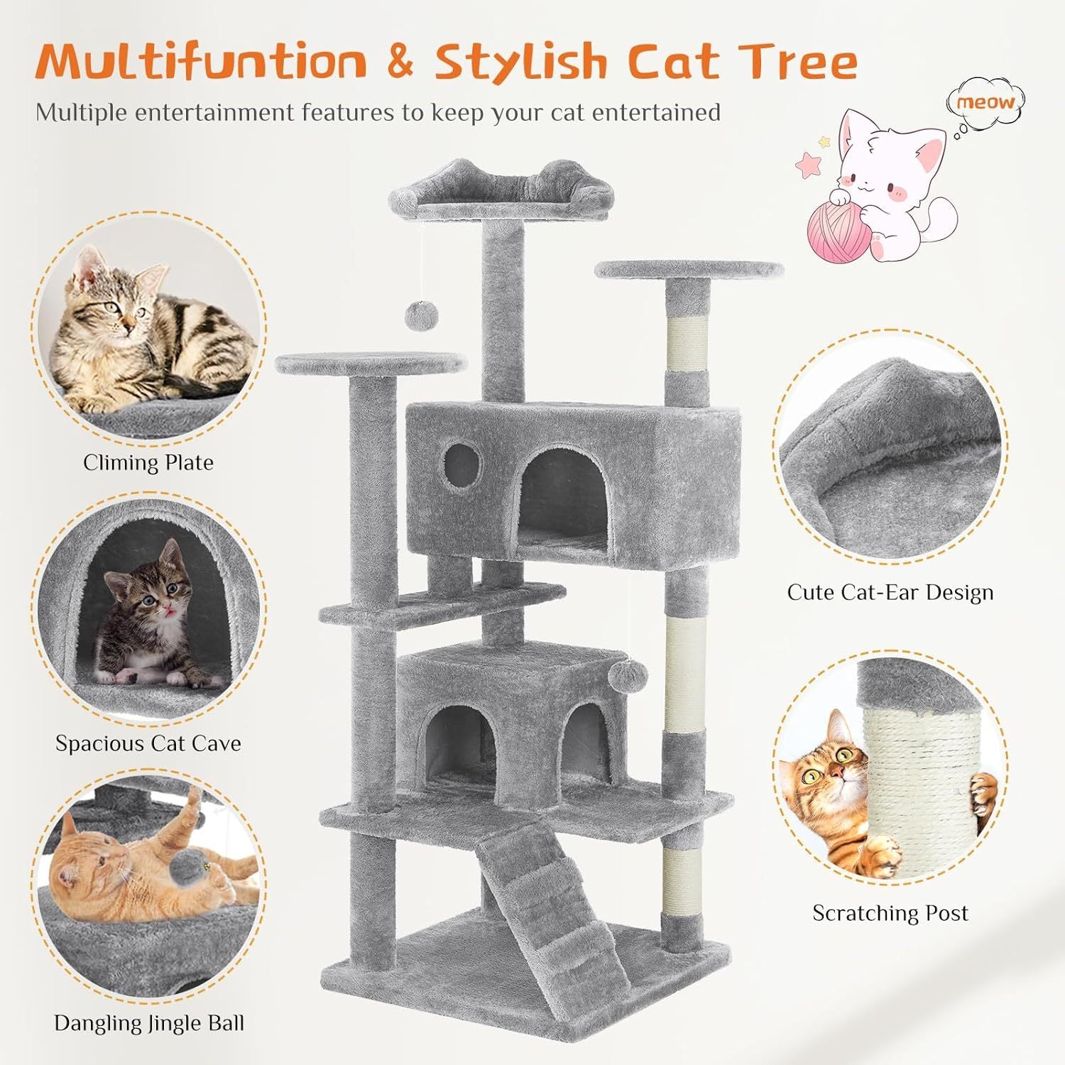 54" Cat Tree Tower – Multi-Level Indoor Apartment with Sisal Grab Posts, Ladder, Plush Toys, Rest & Play Areas | Cat Drinking & Feeding – furn37