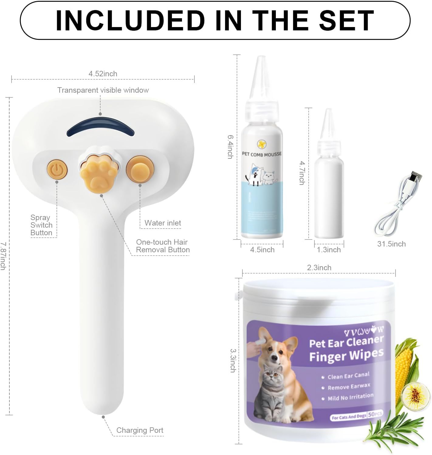 3-in-1 Universal Pet Steam Brush – Spray Hair Removal Comb with Waterless Shampoo & Ear Towel for Cats and Dogs care 31