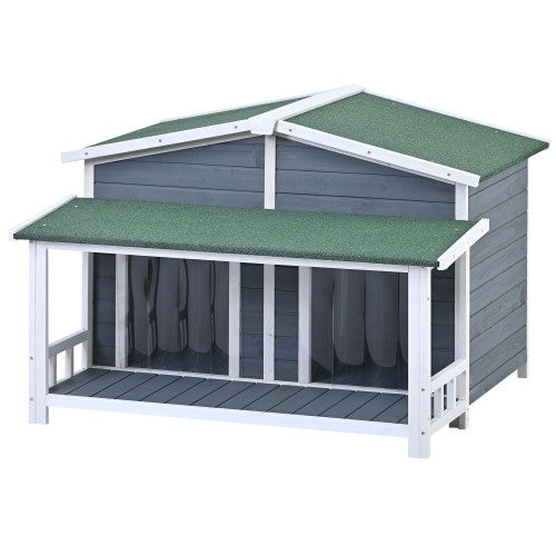GO 47.2" Large Wooden Dog House Outdoor – Cabin Style Indoor & Outdoor Dog Crate with Porch and Dual Doors in Gray & Green | Cat Drinking & Feeding – furn17