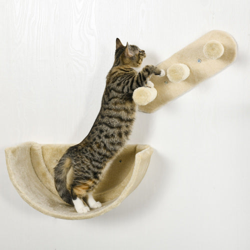 PawHut 4-Piece Cat Wall Shelves Set – Wall-Mounted Cat Climbing Furniture with Hammock, Steps, Perches & Scratching Post – Beige