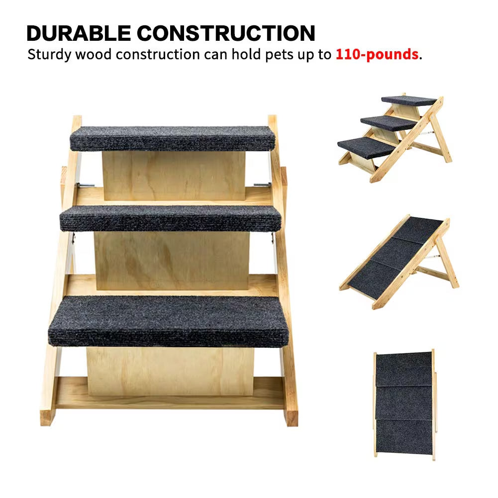 Foldable Wooden Pet Stairs – 3-Step Ladder for Dogs & Cats