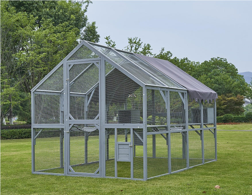 Outdoor Cat House with Fence – Upgraded Waterproof Shelter with Protective Cover, Gray ACS10