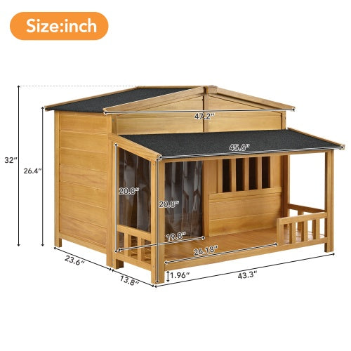 GO 47.2" Wooden Dog House – Solid Wood Indoor & Outdoor Pet Kennel with Porch, Weatherproof Design for Medium Dogs | Cat Drinking & Feeding – furn42