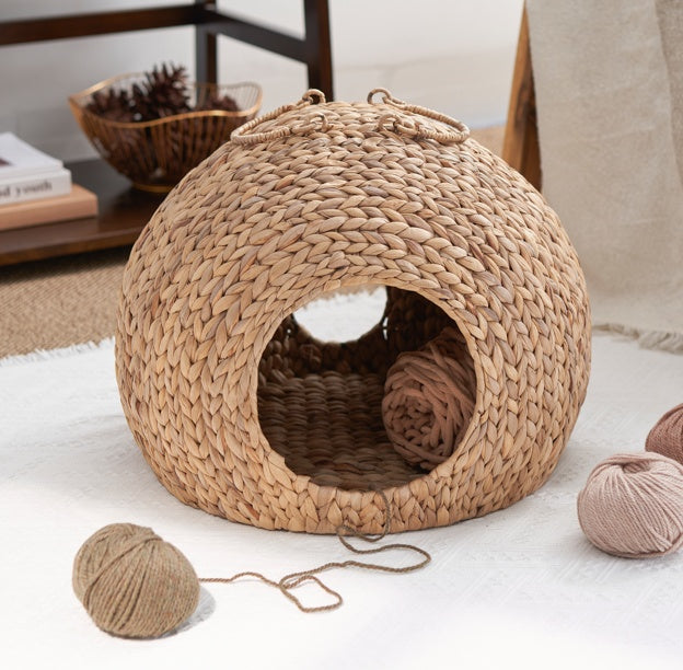 Weaving Rattan Circular Cat Bed – Handcrafted Round Pet Lounger with Soft Cushion for Cozy Indoor Naps | Cat Drinking & Feeding – furn27