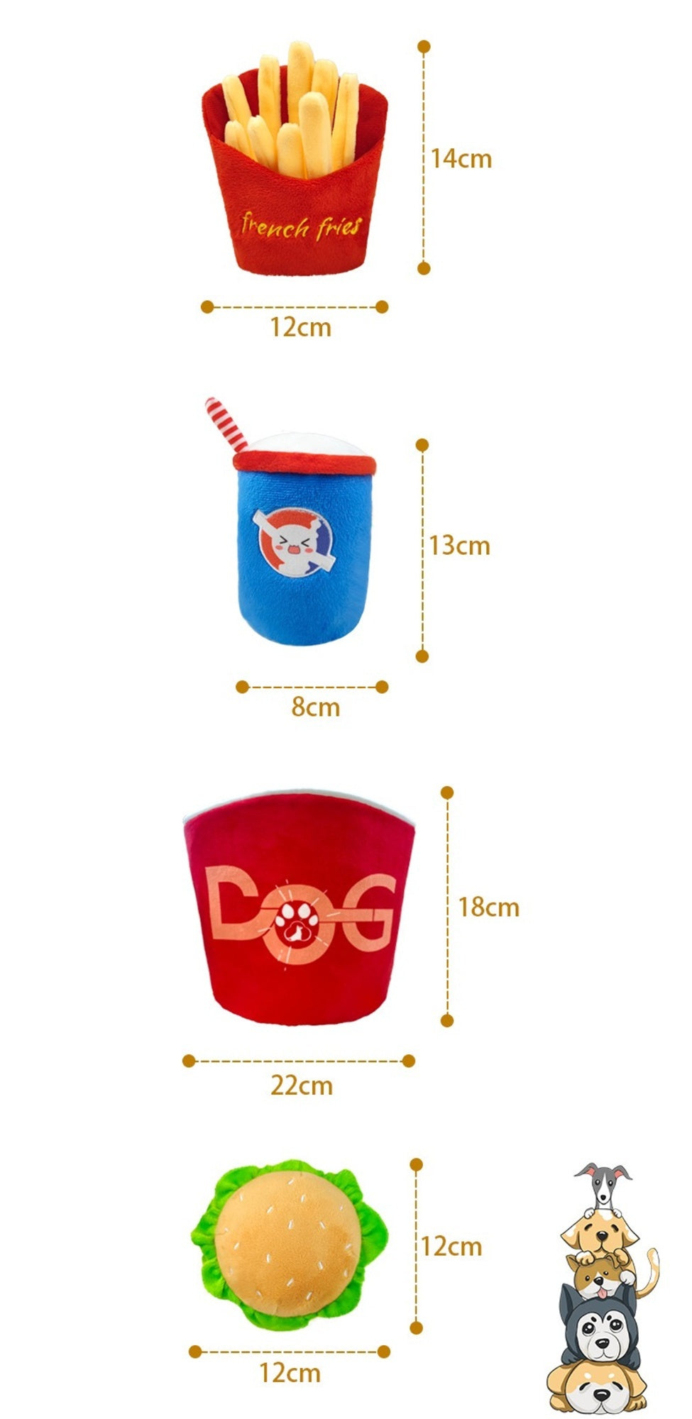 4-in-1 Fast Food Dog Toy Set – Squeaky Plush Bucket with Fries, Soda & Burger for Interactive Play