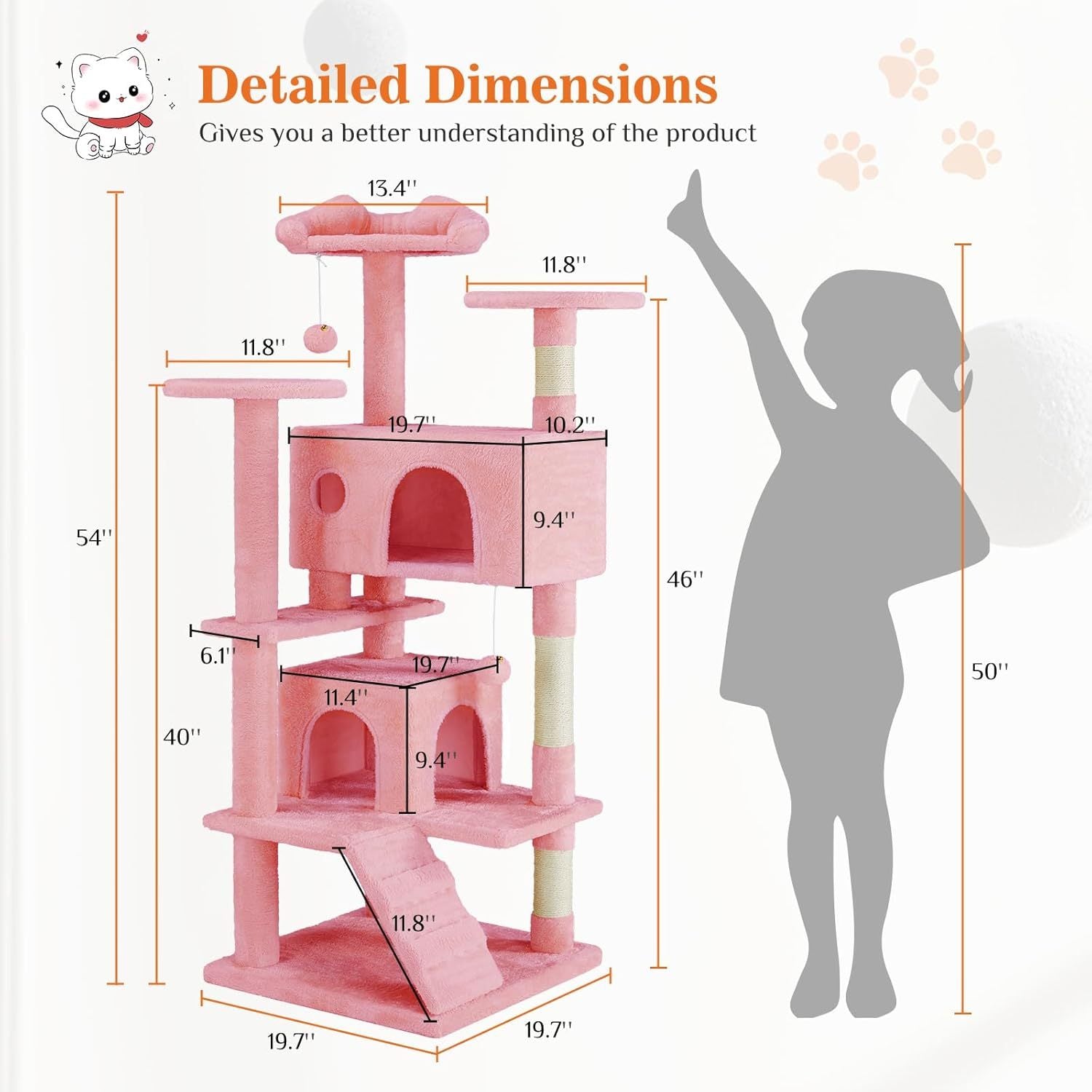 54" Cat Tree Tower – Multi-Level Indoor Apartment with Sisal Grab Posts, Ladder, Plush Toys, Rest & Play Areas | Cat Drinking & Feeding – furn37