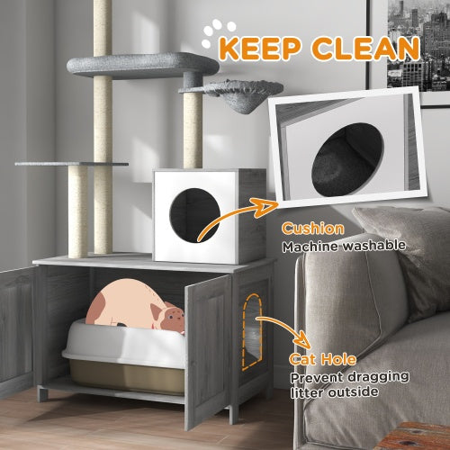 PawHut Cat Tree With Litter Box Enclosure – 2-in-1 Floor-to-Ceiling Cat Tower with Condo, Bed, Hammock, Scratching Posts & Platforms | Cat Drinking & Feeding – furn24