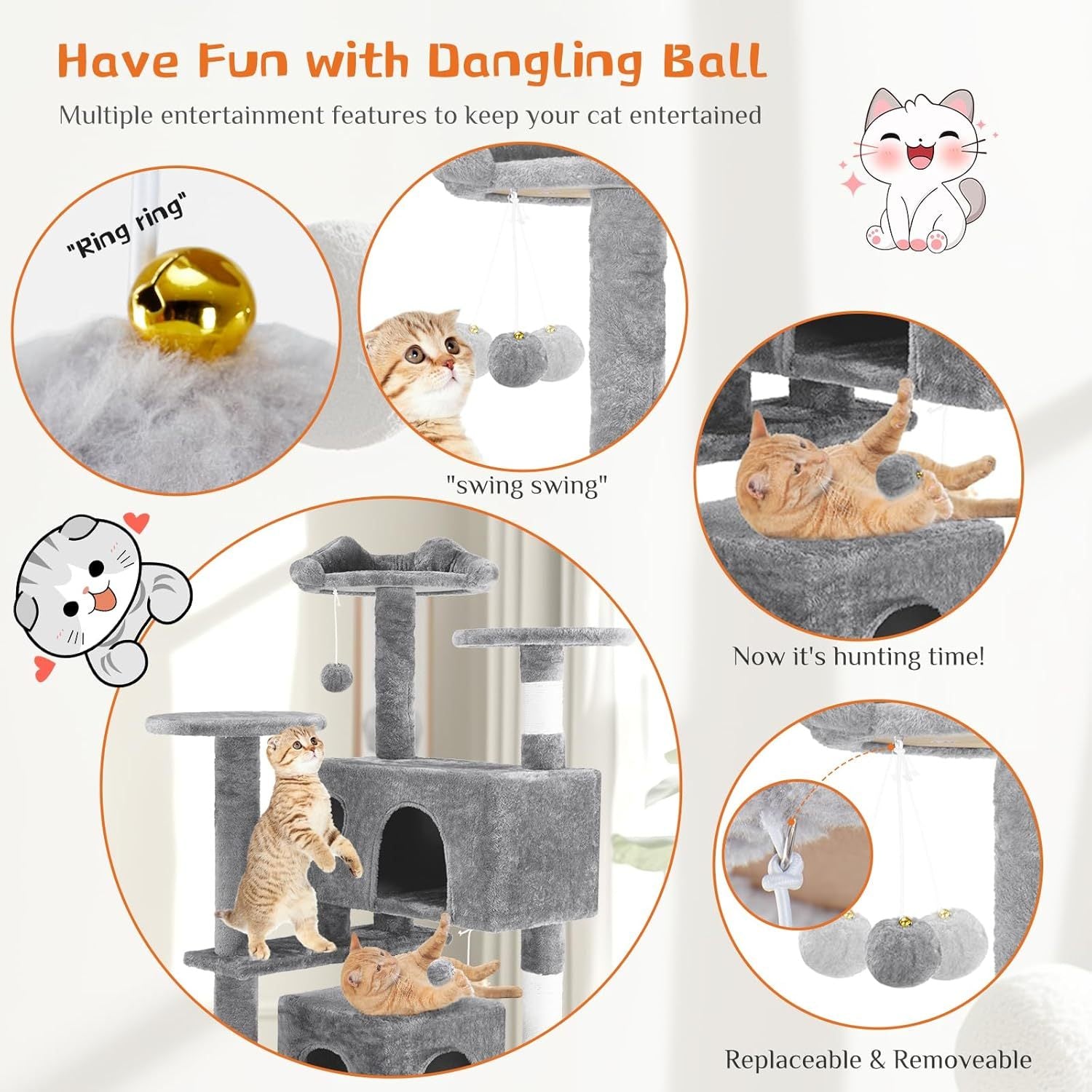 54" Cat Tree Tower – Multi-Level Indoor Apartment with Sisal Grab Posts, Ladder, Plush Toys, Rest & Play Areas | Cat Drinking & Feeding – furn37