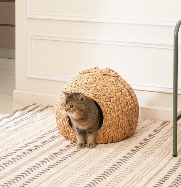 Weaving Rattan Circular Cat Bed – Handcrafted Round Pet Lounger with Soft Cushion for Cozy Indoor Naps | Cat Drinking & Feeding – furn27