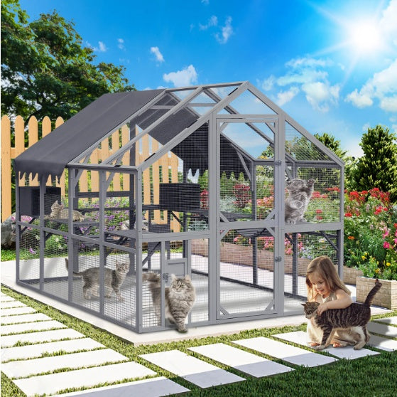 Outdoor Cat Enclosure Playpen – 110" Large Kitten House with Platforms & Upgraded Waterproof Cover, Grey ACS28