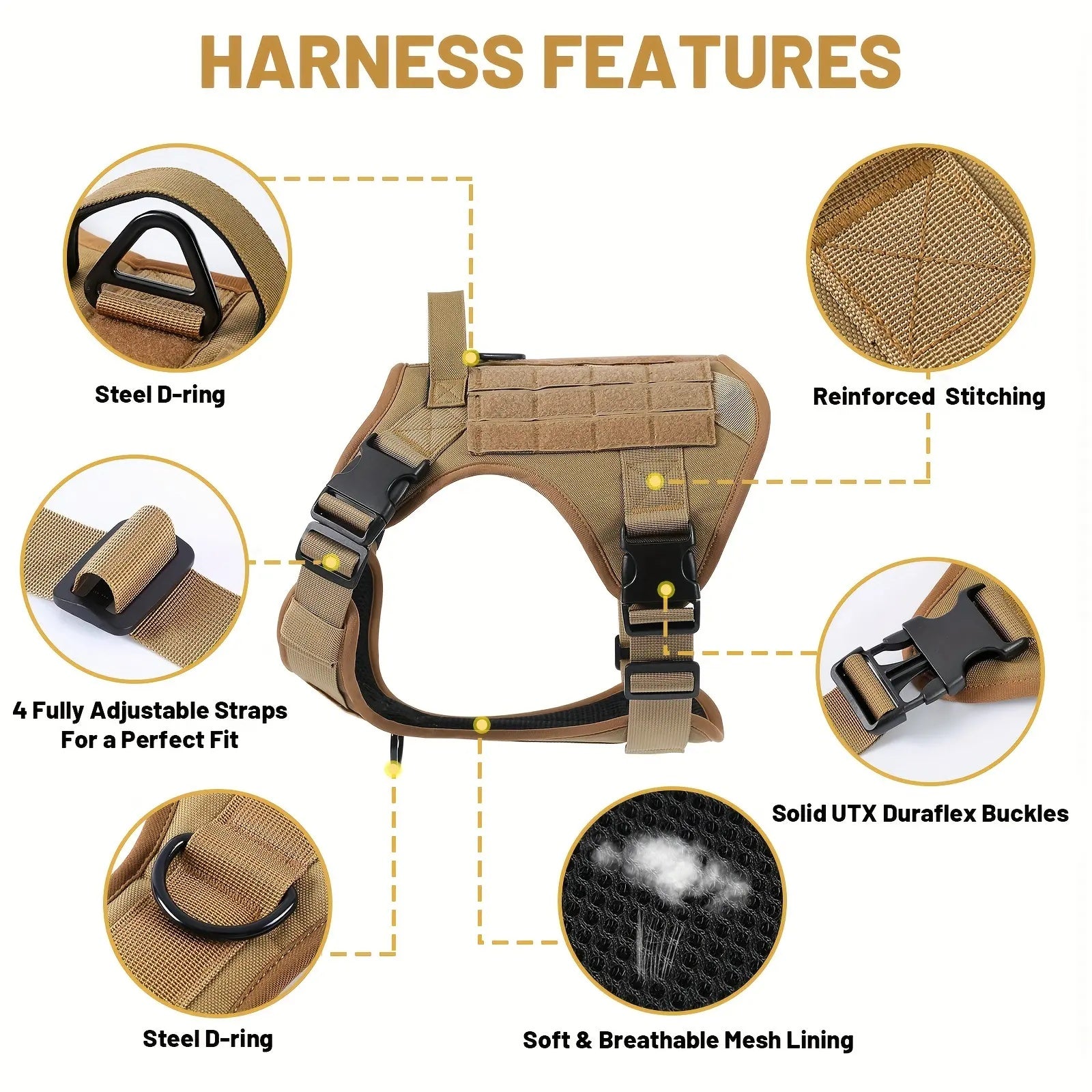 Tactical Service Dog Harness Vest – Adjustable & Reflective Pet Gear with Metal Buckle for Hiking, Training & Drinking & Feeding Areas COL 20