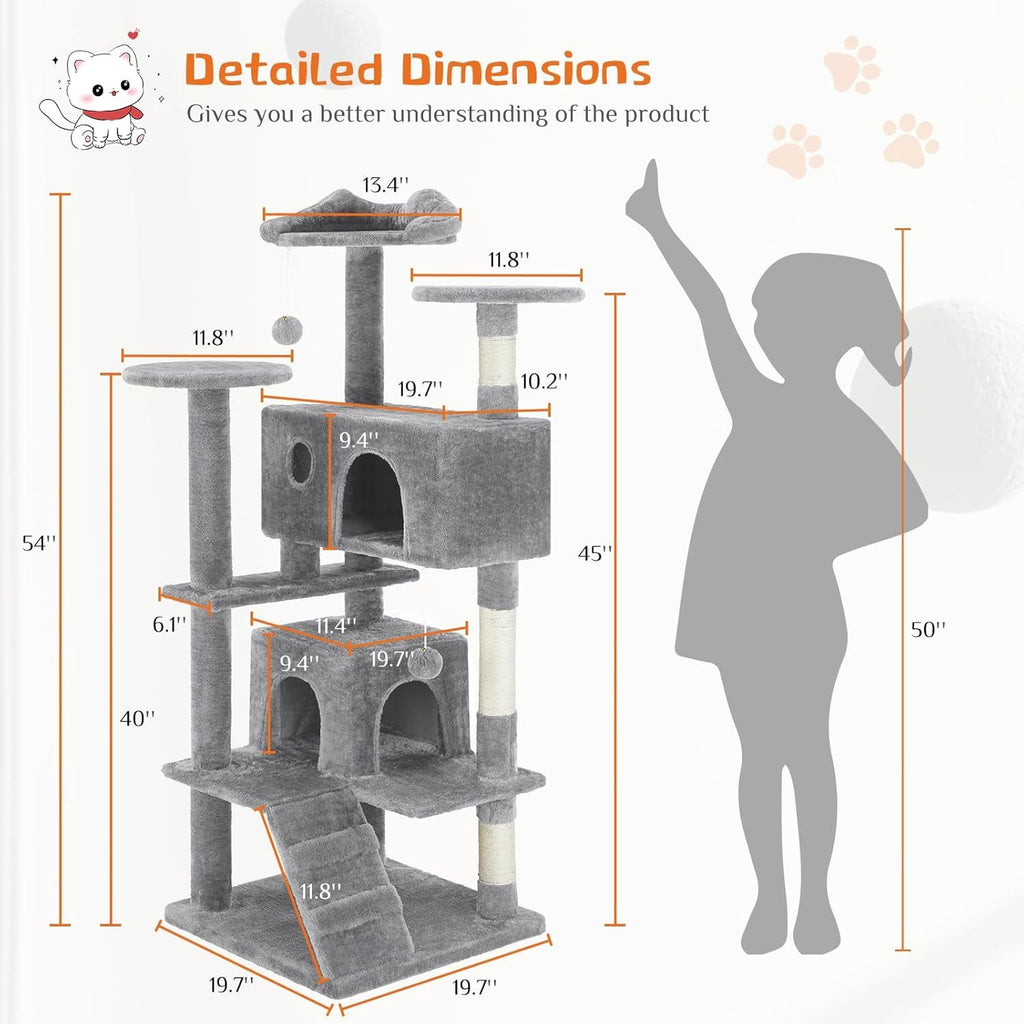 54" Cat Tree Tower – Multi-Level Indoor Apartment with Sisal Grab Posts, Ladder, Plush Toys, Rest & Play Areas | Cat Drinking & Feeding – furn37