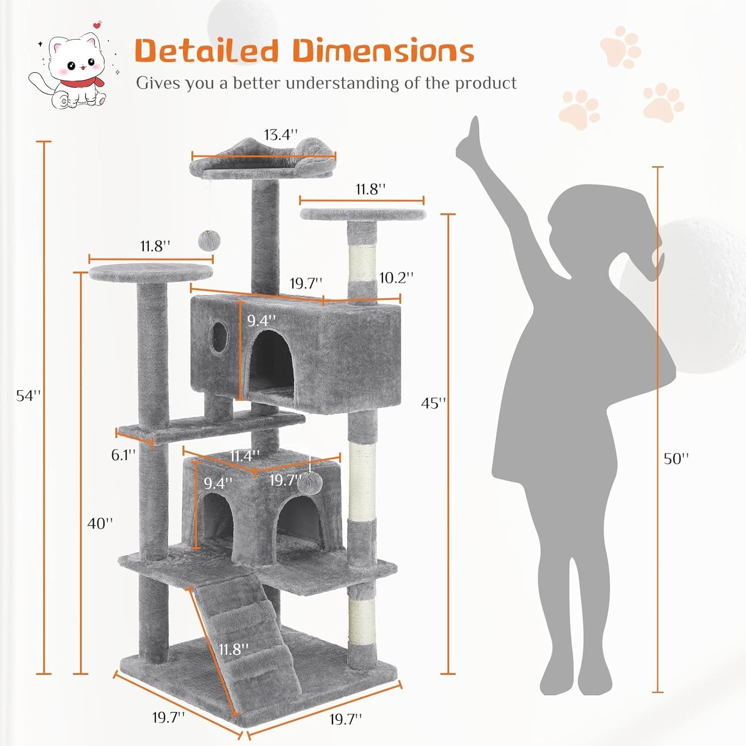 54" Cat Tree Tower – Multi-Level Indoor Apartment with Sisal Grab Posts, Ladder, Plush Toys, Rest & Play Areas | Cat Drinking & Feeding – furn37
