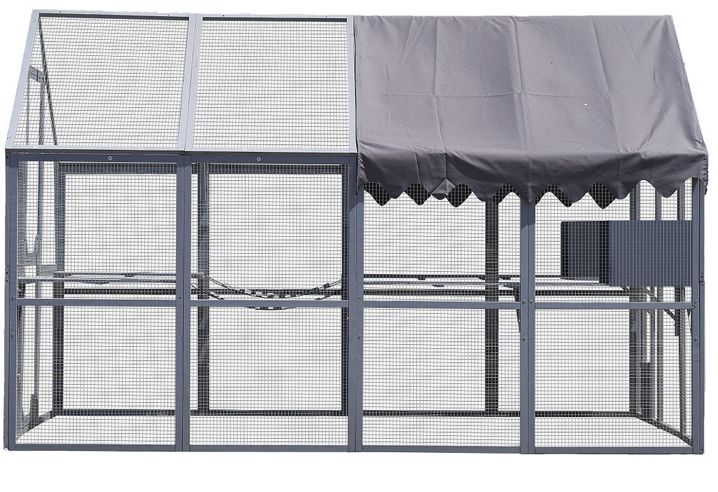 Outdoor Cat House with Fence – Upgraded Waterproof Shelter with Protective Cover, Gray ACS10