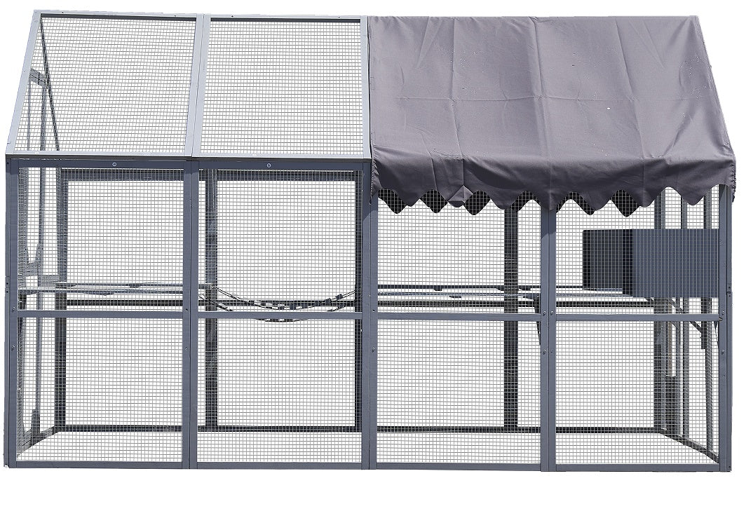 Outdoor Cat House with Fence – Upgraded Waterproof Shelter with Protective Cover, Gray ACS10