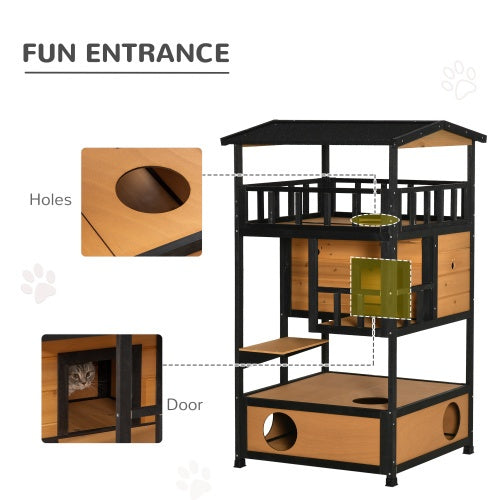 Wooden Outdoor Cat House – Weatherproof Wild Cat Shelter with Elevated Kitten Tree Platform | Cat Drinking & Feeding – furn8