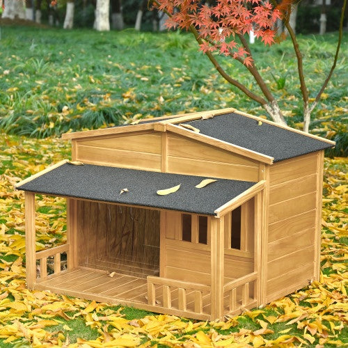 GO 47.2" Wooden Dog House – Solid Wood Indoor & Outdoor Pet Kennel with Porch, Weatherproof Design for Medium Dogs | Cat Drinking & Feeding – furn42