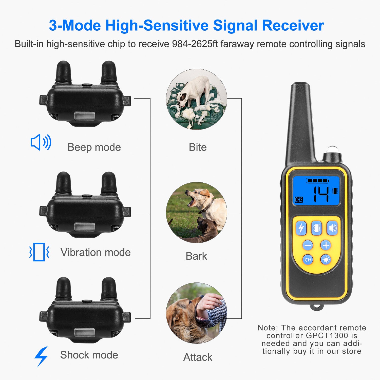 Rechargeable Dog Training Collar with Remote – IP67 Waterproof, 875-Yard Range, 4 Modes, Adjustable Levels ACS44