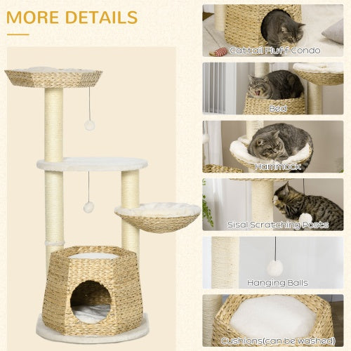 PawHut 47" Cat Tree Tower – Kitty Activity Center with Bed, Condo, Sisal Scratching Posts & Hanging Ball – Natural Cattail Fluff Design