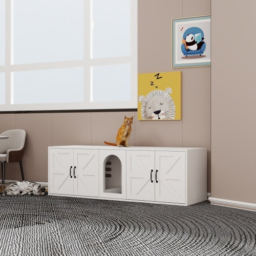 Modern Cat Litter Box Furniture With Double Room – Wooden Enclosed Cat Toilet Cabinet Featuring Built-in Cat Door | Cat Drinking & Feeding – furn19
 double room cat toilet,