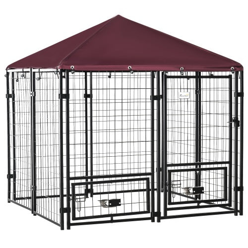 Outdoor Kennel With Rotating Bowl Rack – Walk-In Welded Wire Steel Dog Pen with Waterproof & UV-Resistant Awning | Cat Drinking & Feeding – furn36