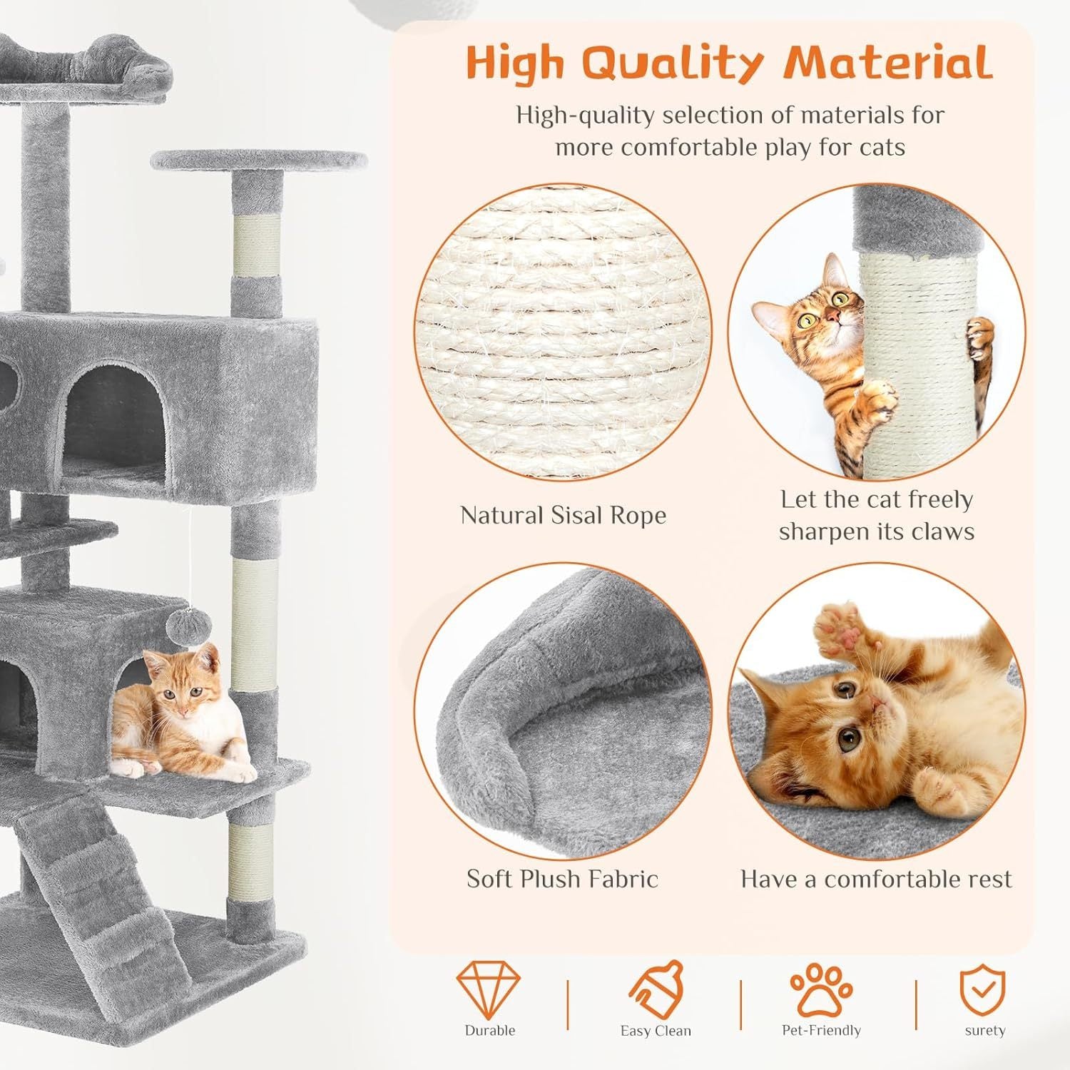 54" Cat Tree Tower – Multi-Level Indoor Apartment with Sisal Grab Posts, Ladder, Plush Toys, Rest & Play Areas | Cat Drinking & Feeding – furn37