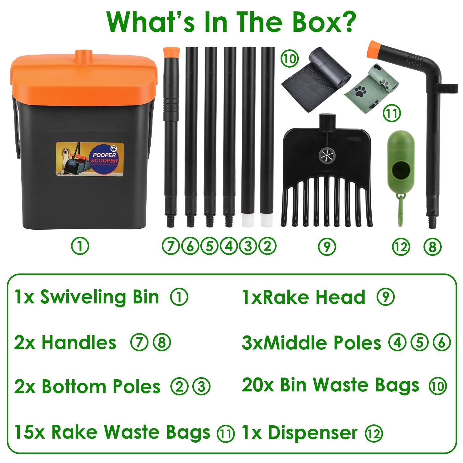 Heavy-Duty Pooper Scooper Kit – Swiveling Bin & Rake Set with Long Handle, 35 Waste Bags & Dispenser ACS29