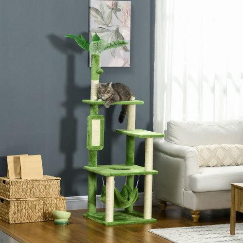 56" Cat Tree – Indoor Cat Tower in Green with Hammock, Scratching Posts, Platforms, Play Ball & Anti-Tipping Device | Cat Drinking & Feeding – furn31