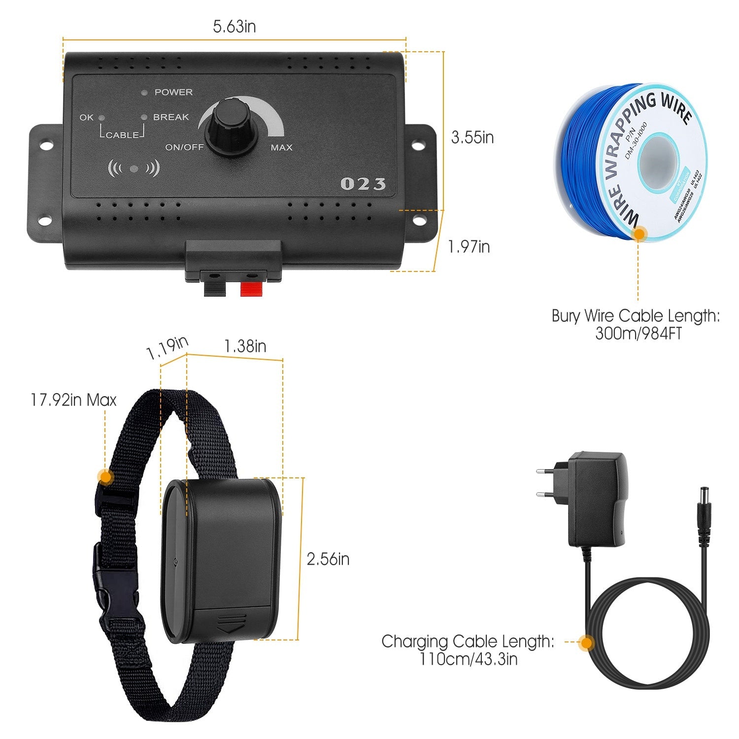 Electric Dog Fence System – Water-Resistant Collar with Tone & Shock Boundary Containment for Small to Large Dogs ACS45