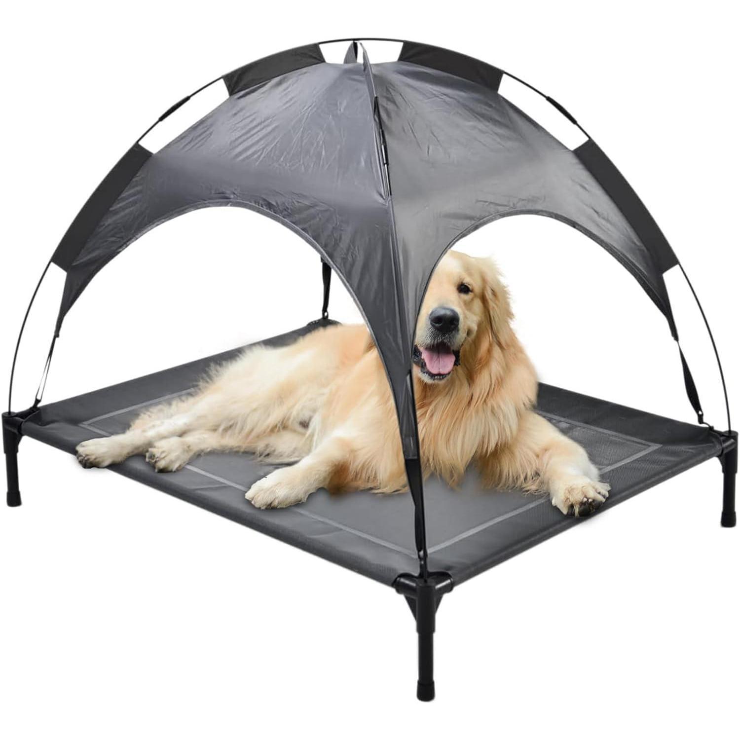 Outdoor Portable Dog Bed – Grey Pet Lounger with Awning for Sun Protection | Cat Drinking & Feeding – bed47