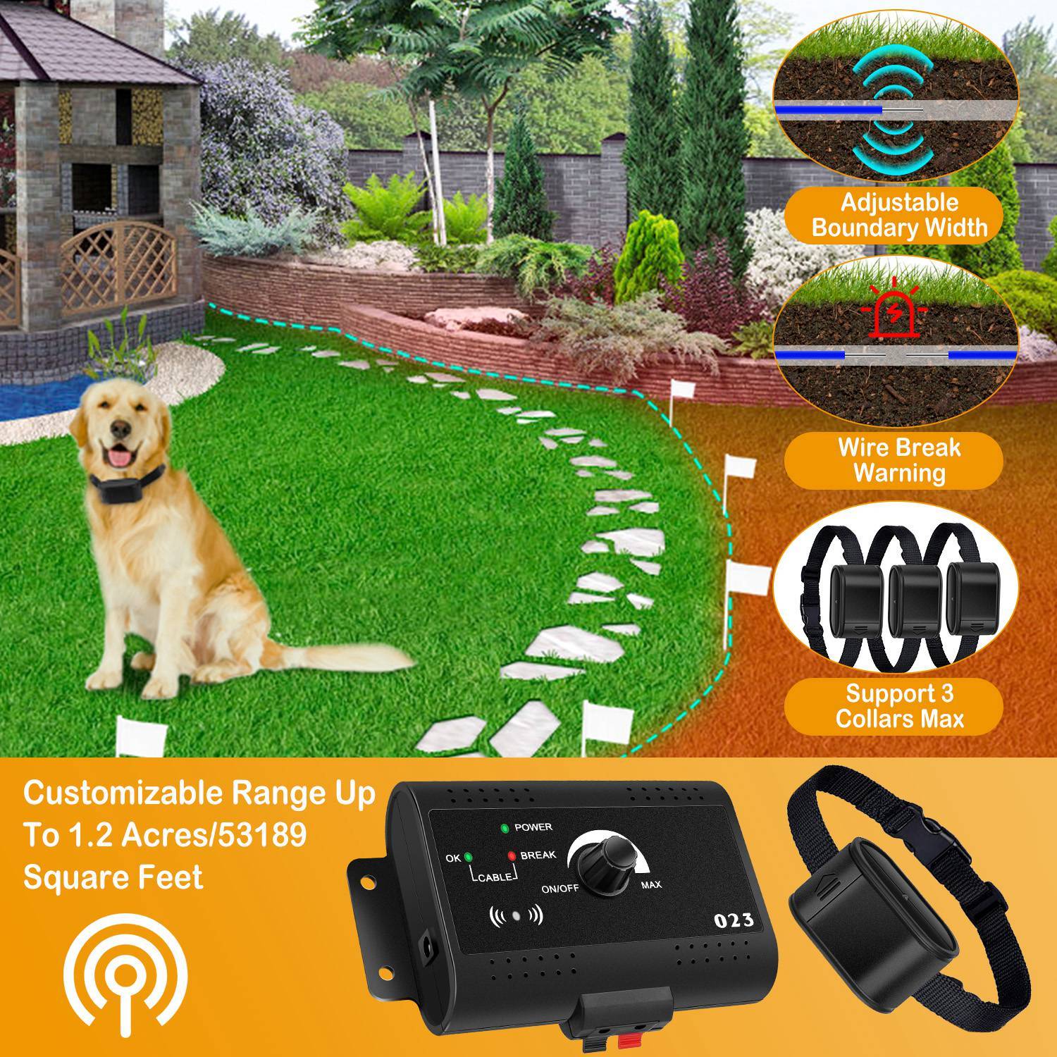 Electric Dog Fence System – Water-Resistant Collar with Tone & Shock Boundary Containment for Small to Large Dogs ACS45