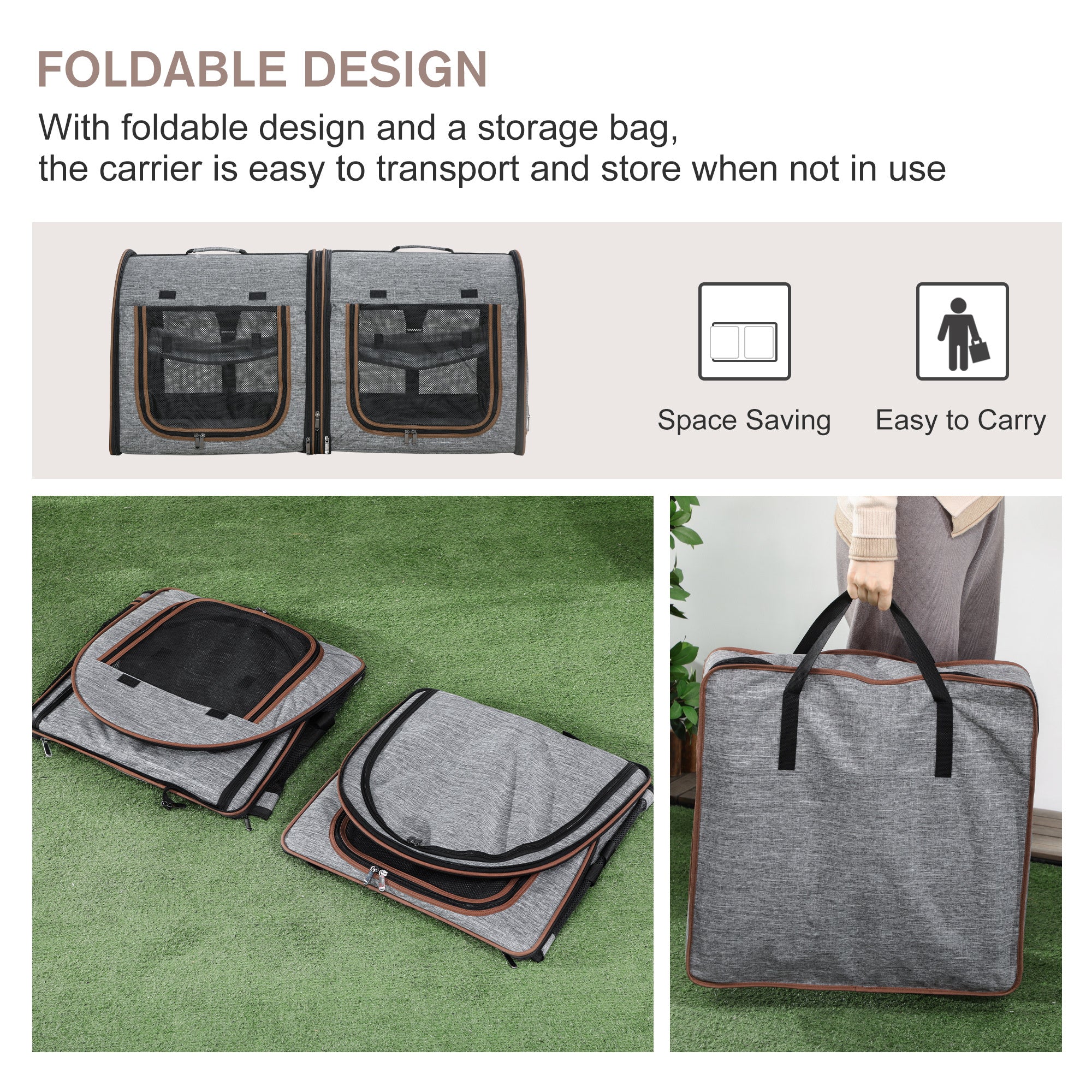 Portable Soft-Sided Cat Carrier with Divider – Dual Compartments, Padded Interior & Storage Bag, Grey ACS6