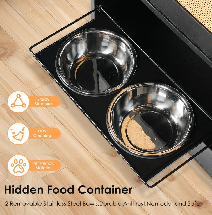 Pet Drinking & Feeding Station with Locker & 2 Overhead Dog Bowls – Concealed Black Feeding Unit with Side Hooks & Anti-Tipping Kit