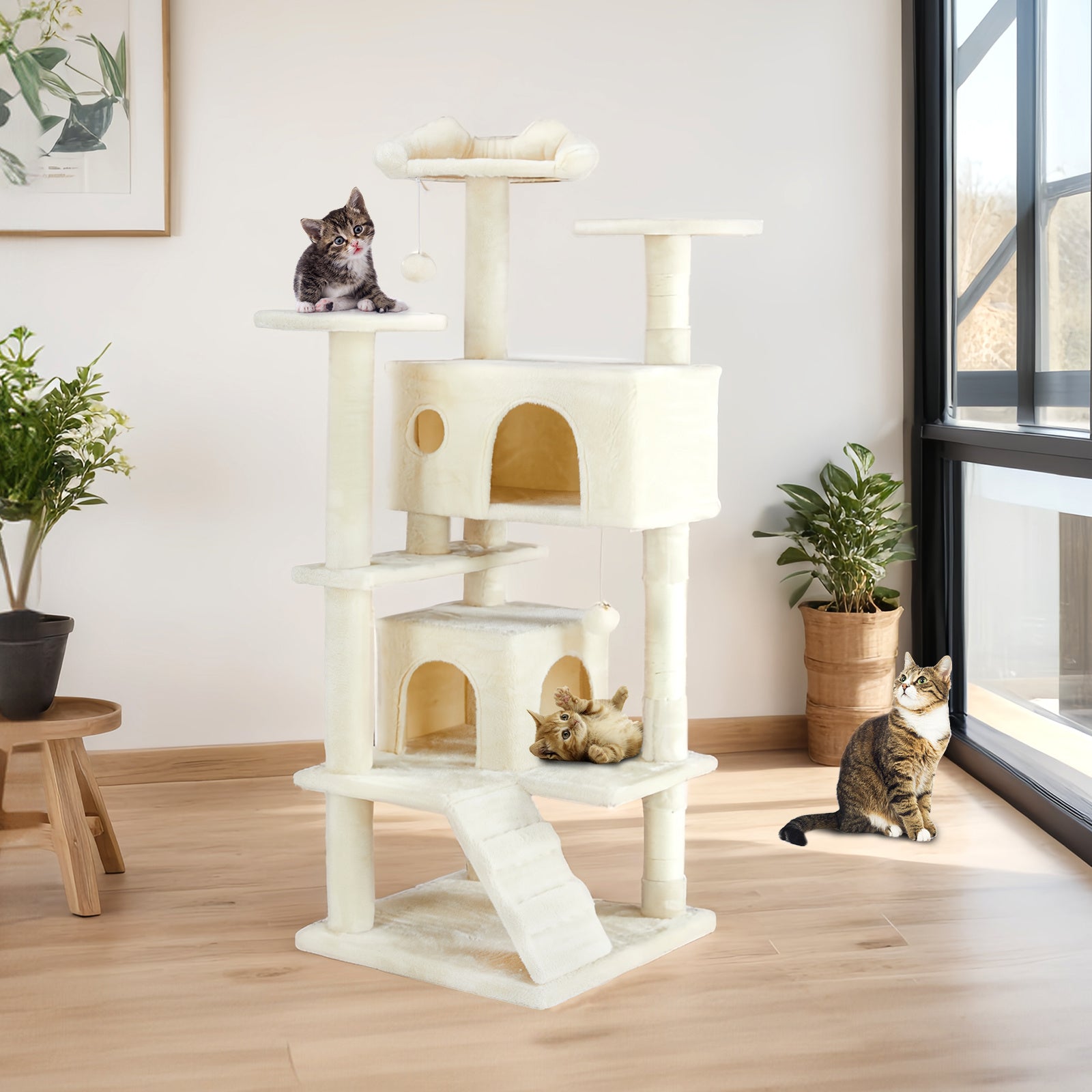 Multi Functional Cat Treehouse – All-in-One Cat Climbing Frame with Scratching Posts & Rest Platforms | Cat Drinking & Feeding – furn5