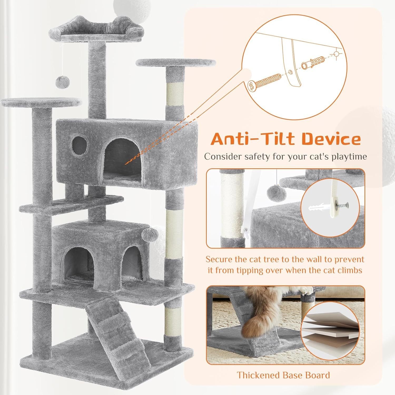 54" Cat Tree Tower – Multi-Level Indoor Apartment with Sisal Grab Posts, Ladder, Plush Toys, Rest & Play Areas | Cat Drinking & Feeding – furn37