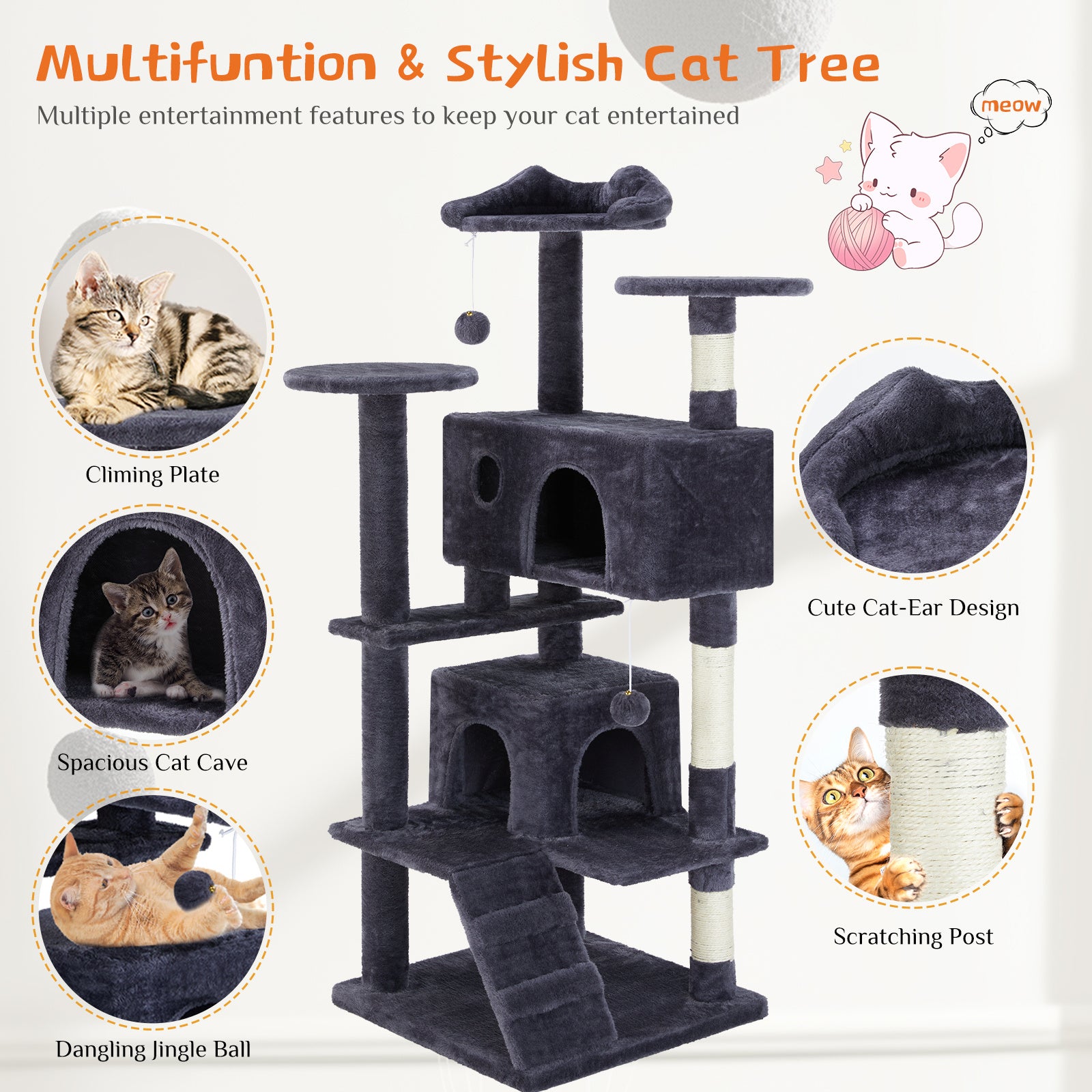 Multi Functional Cat Treehouse – All-in-One Cat Climbing Frame with Scratching Posts & Rest Platforms | Cat Drinking & Feeding – furn5