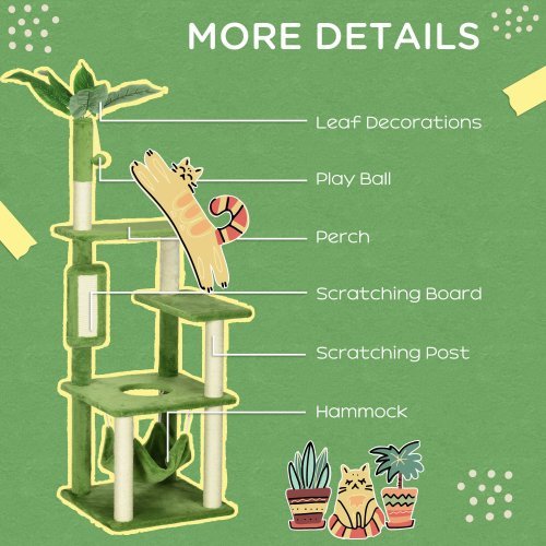 56" Cat Tree – Indoor Cat Tower in Green with Hammock, Scratching Posts, Platforms, Play Ball & Anti-Tipping Device | Cat Drinking & Feeding – furn31