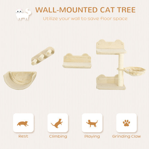 PawHut 4-Piece Cat Wall Shelves Set – Wall-Mounted Cat Climbing Furniture with Hammock, Steps, Perches & Scratching Post – Beige