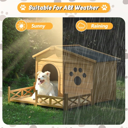 48" Wooden Dog House Outdoor With Porch – Medium Dog Kennel with Water-Resistant Asphalt Roof, Fencing & Indoor/Outdoor Crate | Cat Drinking & Feeding – furn16