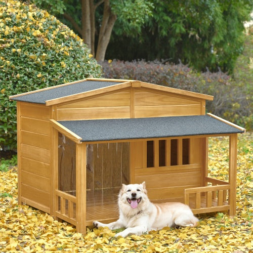 GO 47.2" Wooden Dog House – Solid Wood Indoor & Outdoor Pet Kennel with Porch, Weatherproof Design for Medium Dogs | Cat Drinking & Feeding – furn42