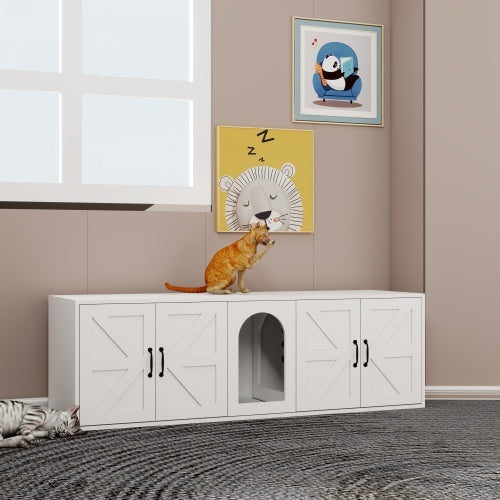 Modern Cat Litter Box Furniture With Double Room – Wooden Enclosed Cat Toilet Cabinet Featuring Built-in Cat Door | Cat Drinking & Feeding – furn19
 double room cat toilet,