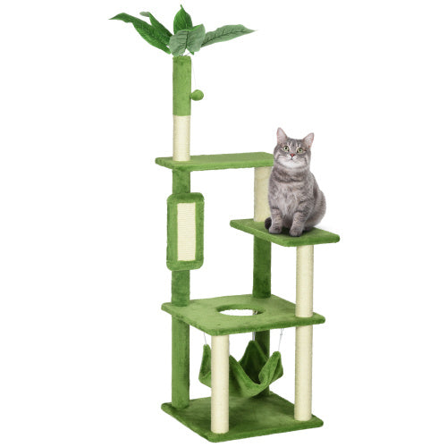 56" Cat Tree – Indoor Cat Tower in Green with Hammock, Scratching Posts, Platforms, Play Ball & Anti-Tipping Device | Cat Drinking & Feeding – furn31